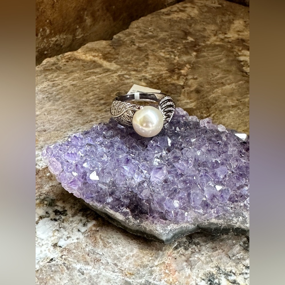 Silver CZ Leaf Faux Pearl Ring